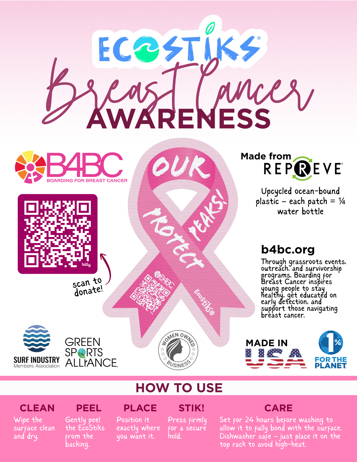 2" x 3" Boarding for Breast Cancer - Protect Our Peaks EcoStiks® Sticker Patches